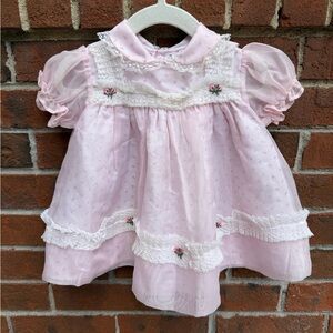 Vintage 90s Sheer Pink Floral Bishop Slip Dress Size 18 Months Baby Girl